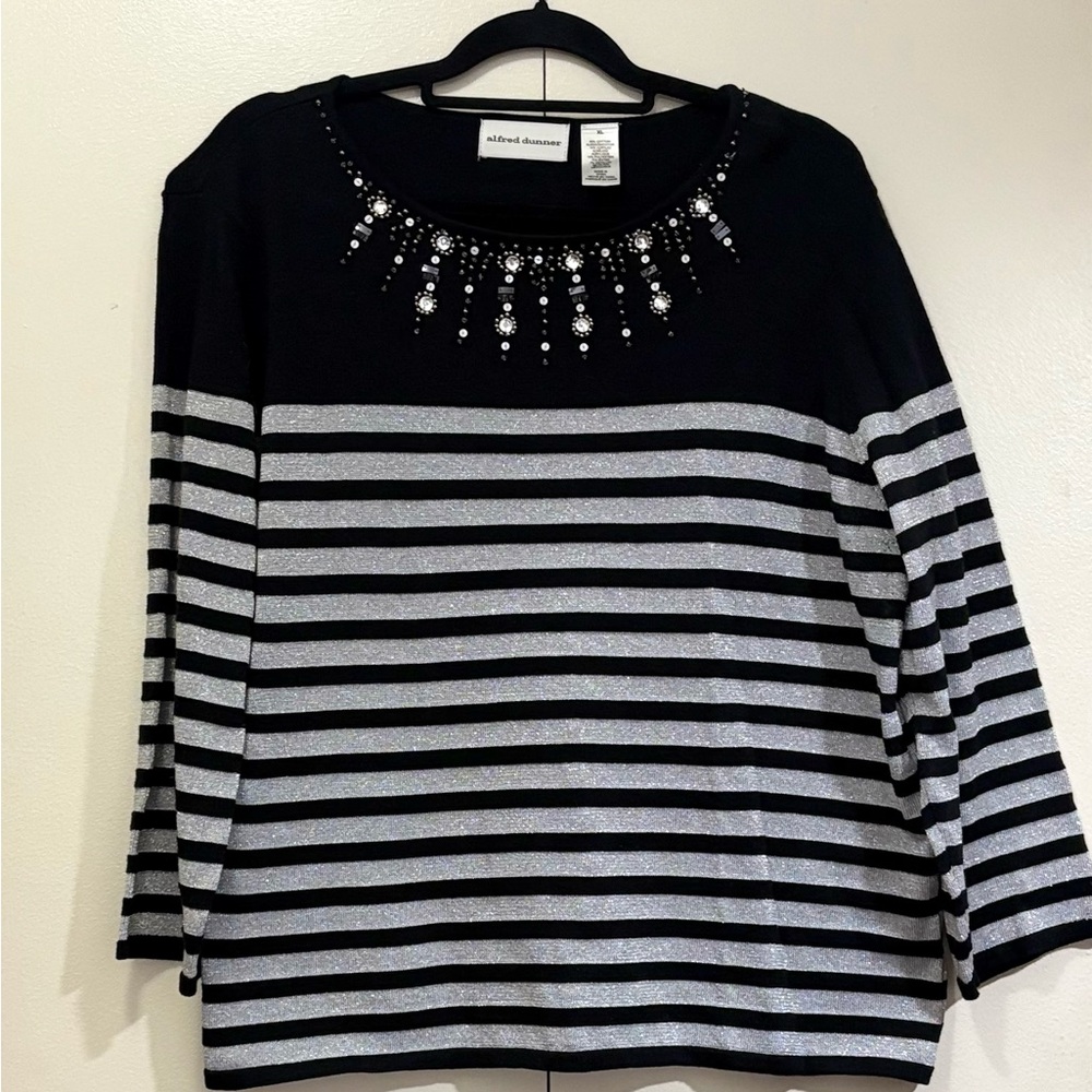 Alfred Dunner Black and Gray Embellished Boxy Blouse